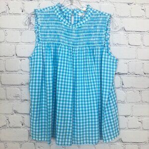 Crown & Ivy Turquoise Gingham Sleeveless Top Size S Smocked Ruffle